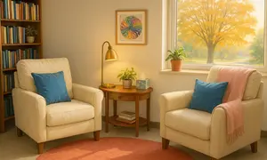 Cozy sunlit therapy room deisnged for calm with two armcharis, a blanket and a window that opens to a natural setting with a tree.