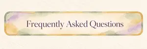 Watercolor banner reading “Frequently Asked Questions” in soft lavender, green, gold, and cream tones.