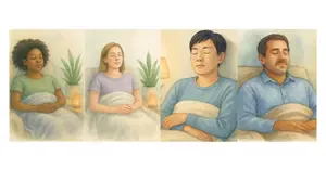 Watercolor collage of 4 diverse individuals—varied ages, races, and gender expressions—resting peacefully in calming therapy spaces. Each surrounded by soft textures, warm light, and plants.