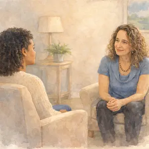 Watercolor image of Lucrezia Mangione in conversation with a simulated client.