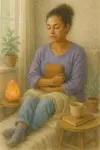 Highly sensitive mixed-race woman sitting peacefully with a journal in a sunlit room during ketamine-assisted psychotherapy.