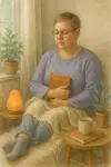 Highly sensitive non-binary adult in their 40s holding a journal in a soft, welcoming room for ketamine-assisted psychotherapy.