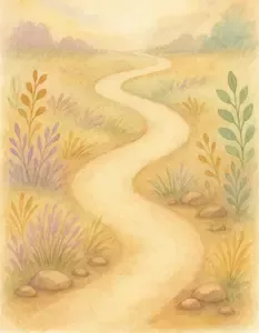 A soft watercolor illustration of a winding path through gentle grasses and pastel wildflowers, symbolizing a fresh start in healing
