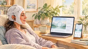 Woman using a BrainBit Flex EEG cap for guided at-home neurofeedback in a calm, natural-light setting.