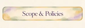 Watercolor banner reading “Scope & Policies” in soft lavender, green, gold, and cream tones.