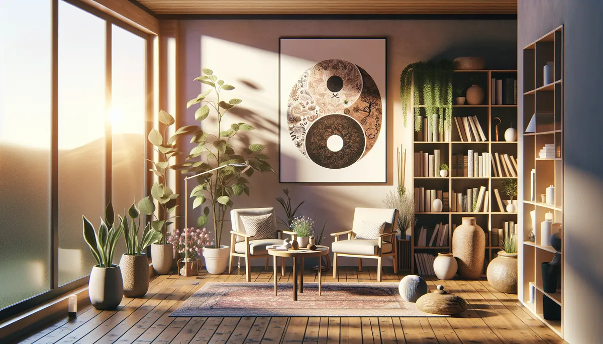A calm and serene office for therapy with 2 chairs, a large window with sunlight coming in.