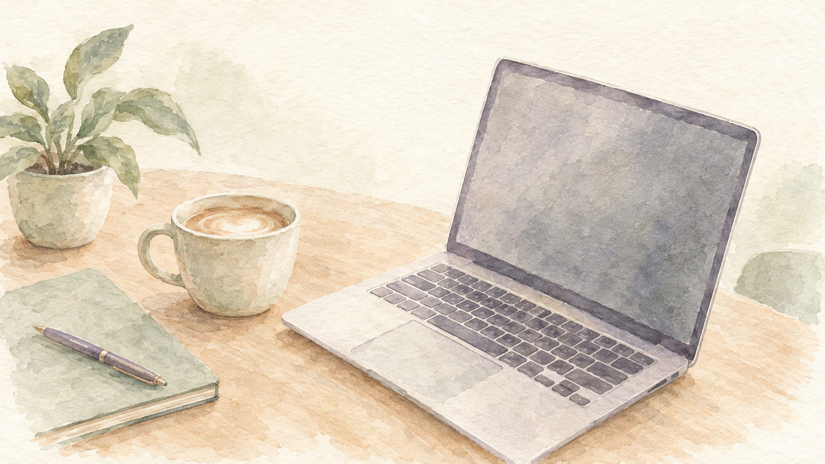 Watercolor illustration of a laptop, coffee cup, notebook, and plant on a warm wooden desk. Cozy Watercolor Workspace with Laptop