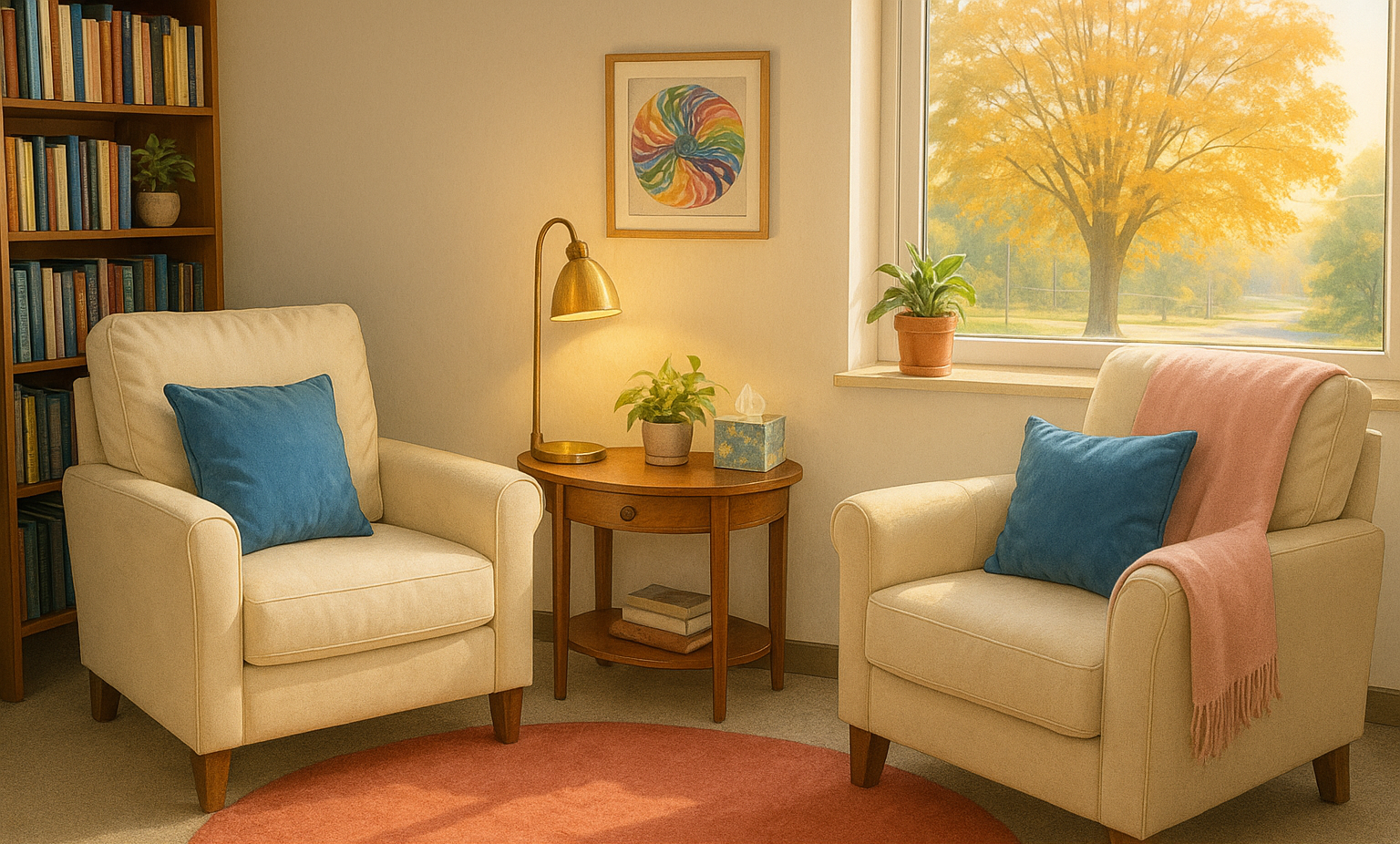 Serene, light-filled therapy room viewed at a slight angle. Two comfortable chairs, warm natural wood, soft textiles, with a window with understated greenery beyond it. Illustrated therapy space designed to feel calm, supportive, and welcoming