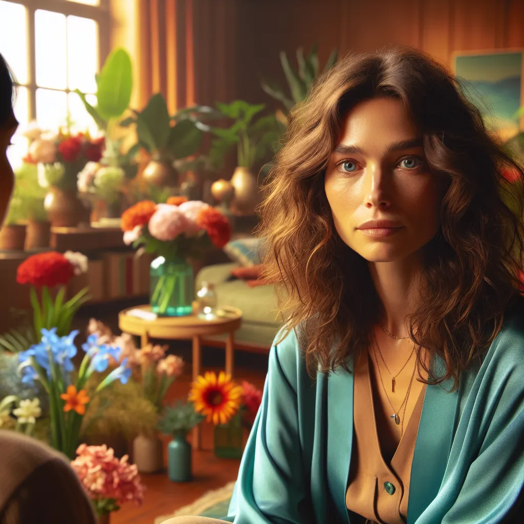 Highly Sensitive Woman in a room with flowers.