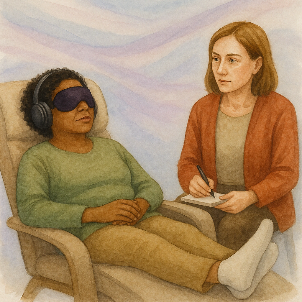 KAP Guided Therapy session. Woman of color in recliner with a caucasian white therapist as the guide and KAP provider.