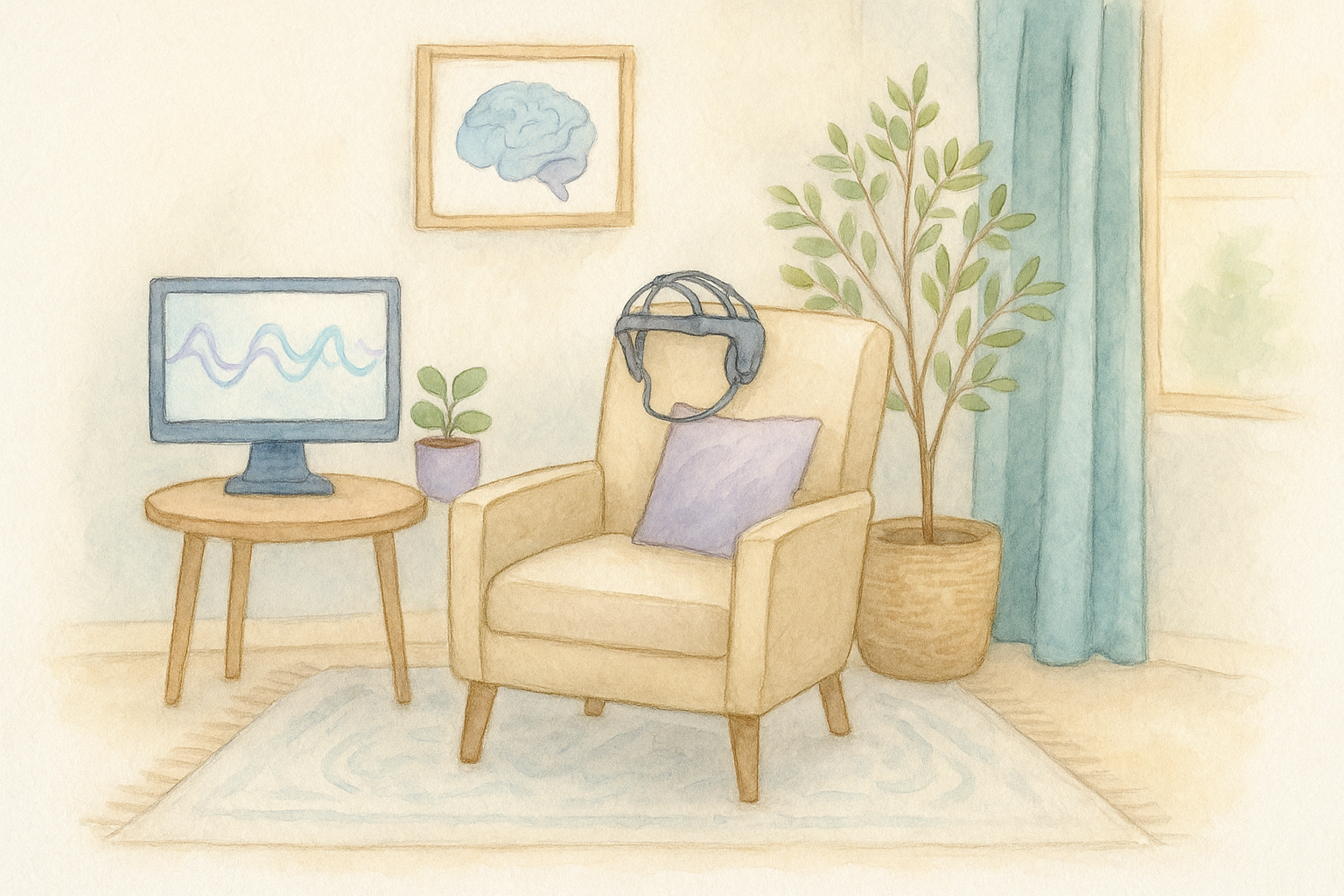 Neurofeedback office in soft watercolor-tones