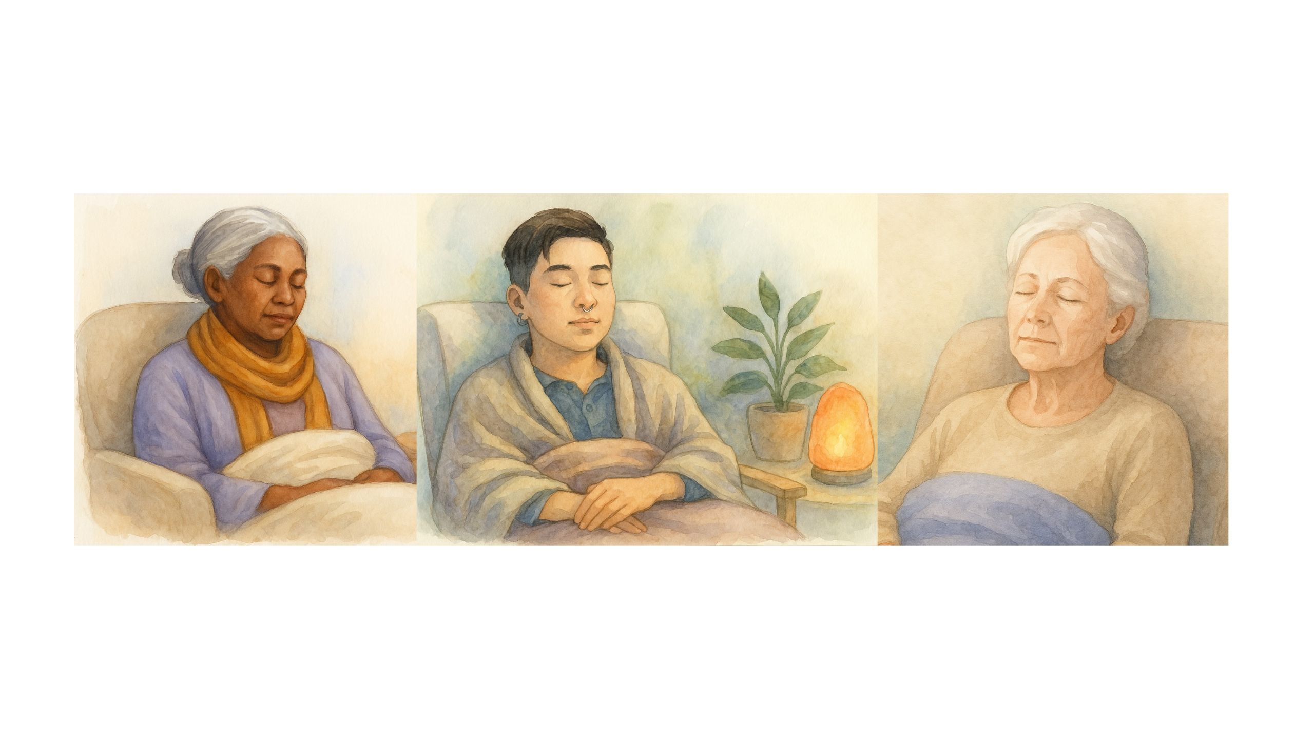 Watercolor collage of three diverse individuals—varied ages, races, and gender expressions—resting peacefully in calming therapy spaces. Each surrounded by soft textures, warm light, and plants.