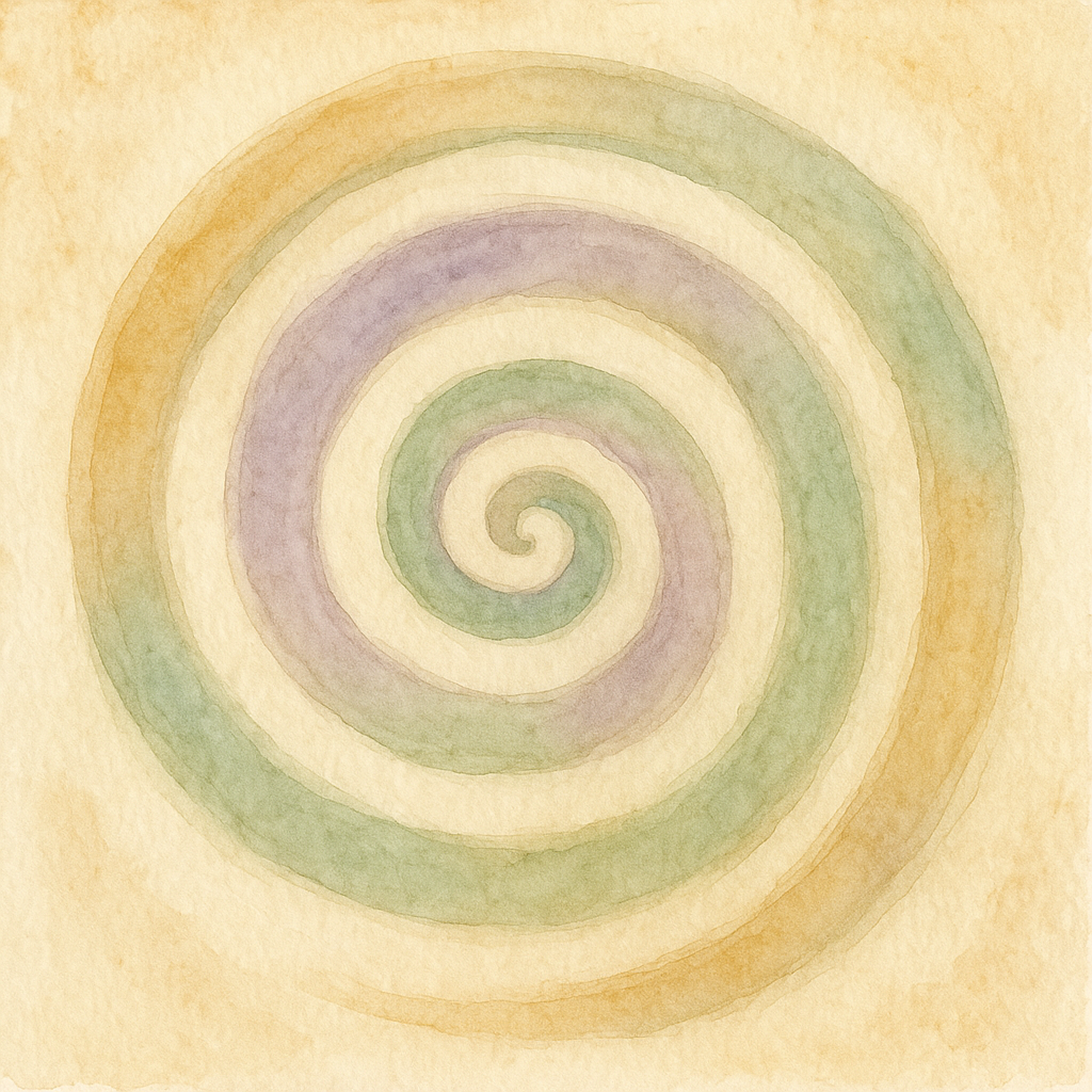  Hand-painted watercolor spiral in calming earthy tones of lavender, green, gold, and cream, symbolizing inward healing and transformation