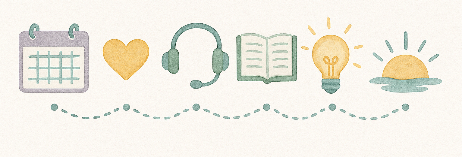 Watercolor-style timeline with icons of a calendar, lozenge, and journal representing the flow of ketamine assisted therapy near me, shown in calming pastel tones and natural textures.