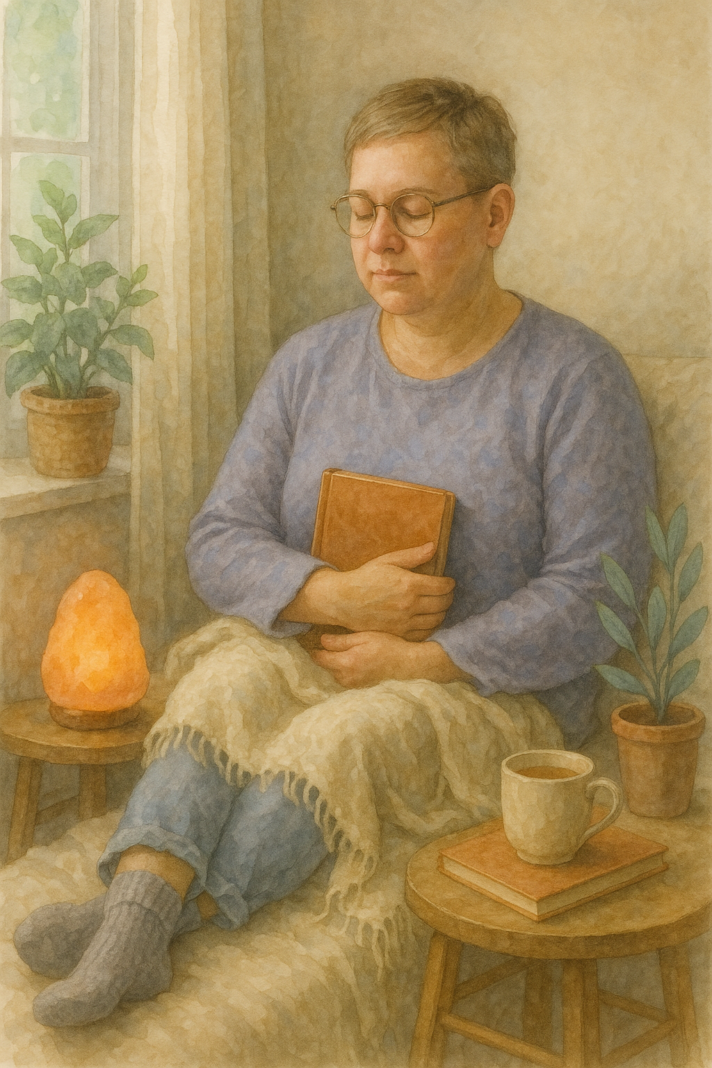 Highly sensitive non-binary adult in their 40s holding a journal in a soft, welcoming room for ketamine-assisted psychotherapy.