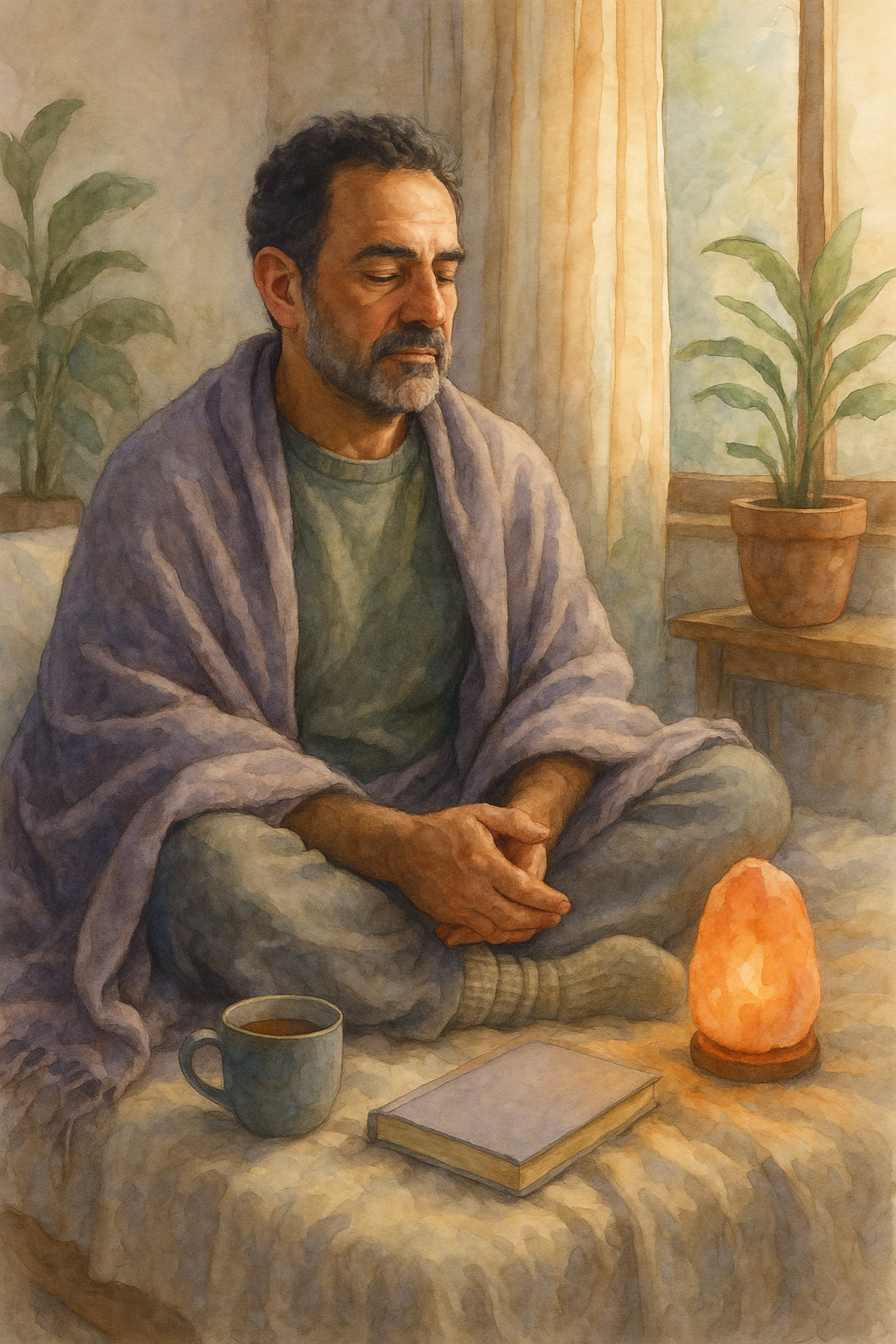 Highly sensitive man in a grounded, serene room holding a journal during ketamine-assisted psychotherapy.