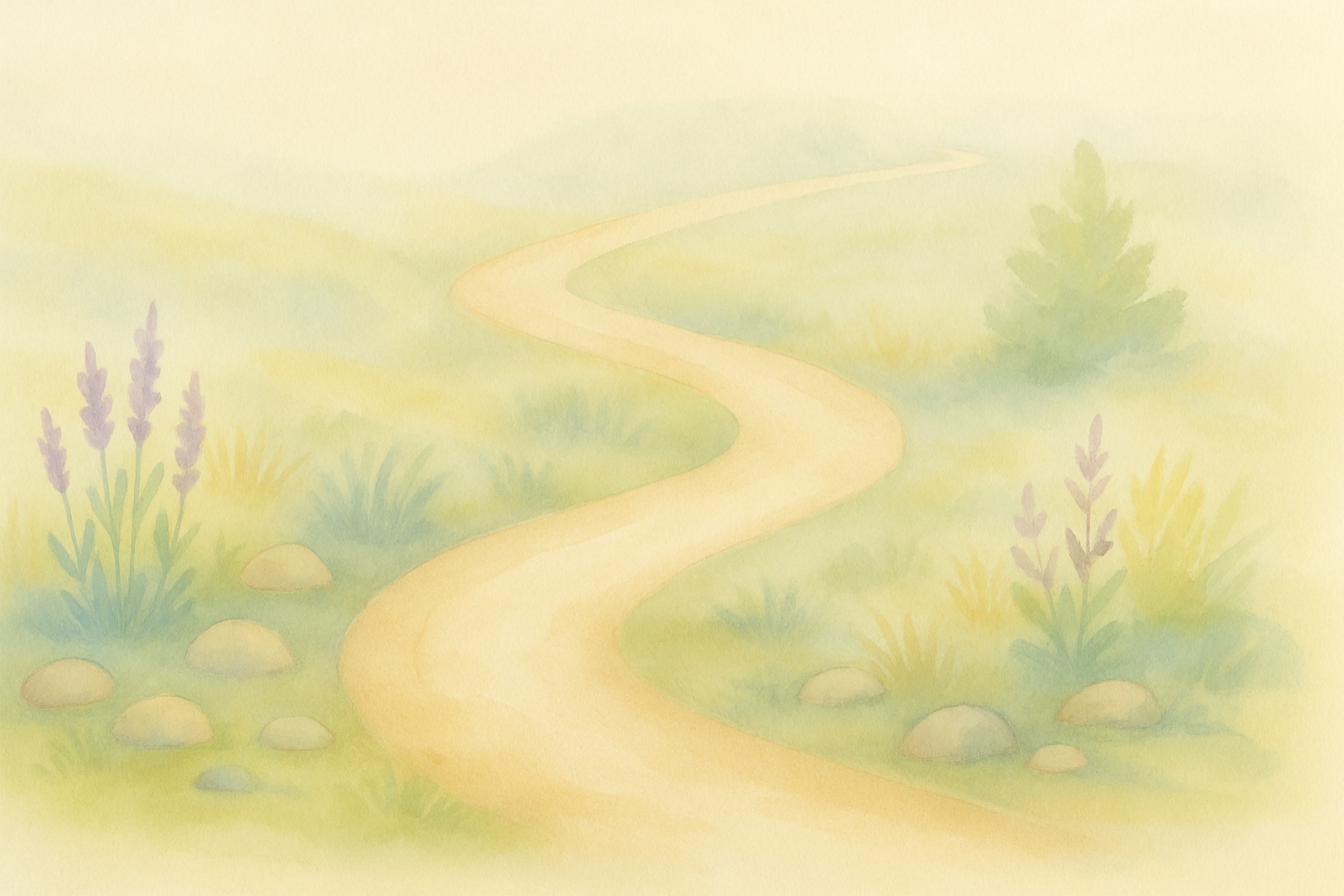 Watercolor painting of a gently winding path through soft grasses, stones, and lavender, evoking calm and gentle direction in a serene natural landscape.
