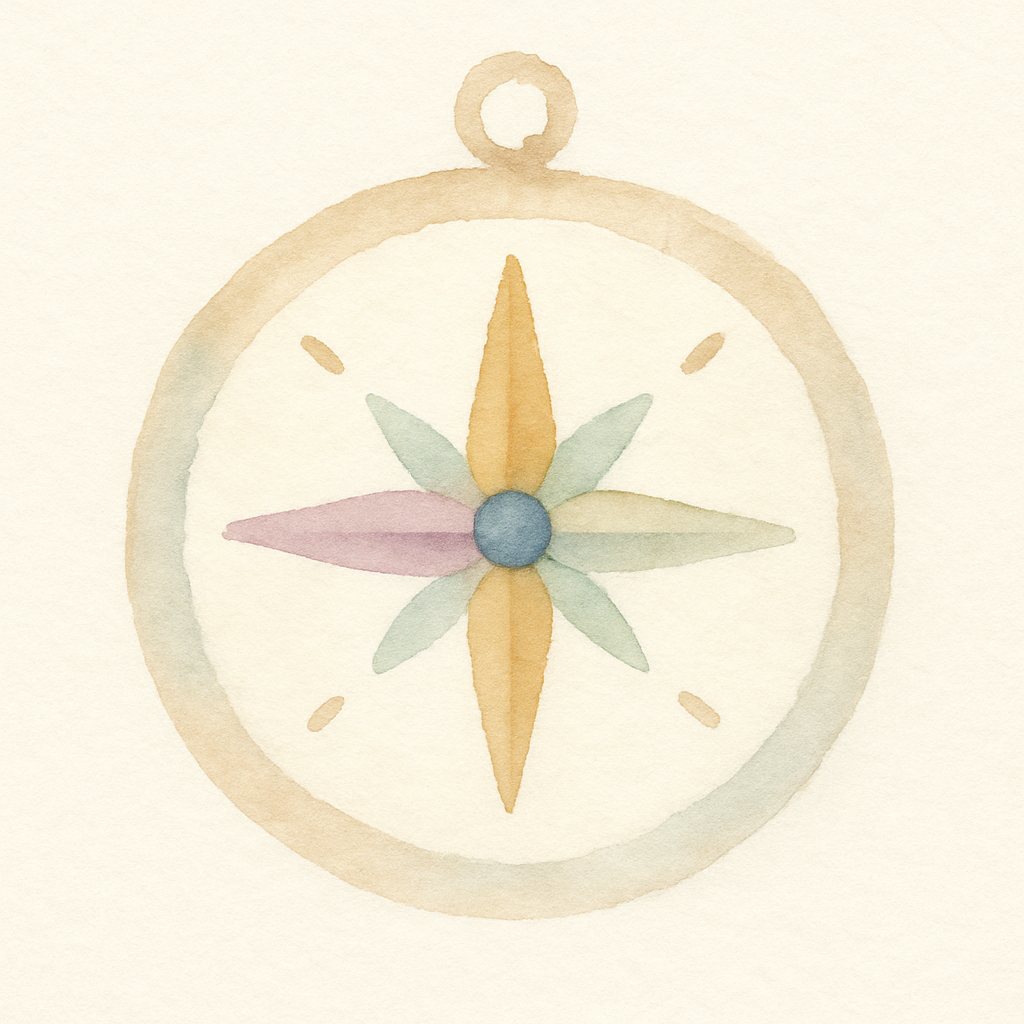 Soft watercolor-style compass icon in earthy neutrals with accents of lavender, mint green, warm gold, and soft blue, symbolizing personalized guidance and emotional clarity.
