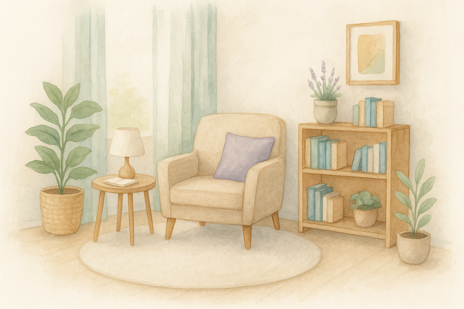 Illustrated therapy space designed to feel calm, supportive, and welcoming