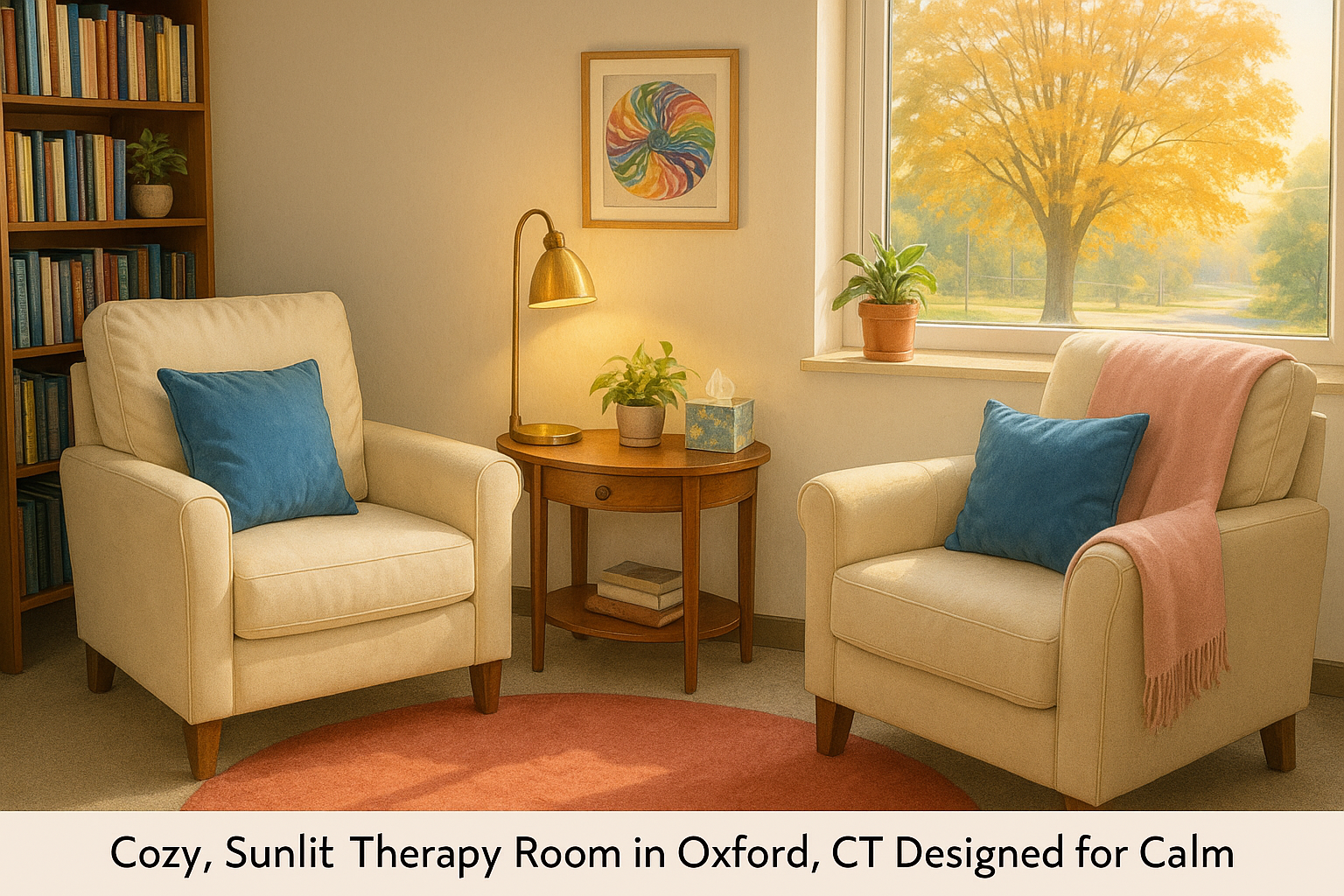 Cozy sunlit holistic therapy room in Oxford CT