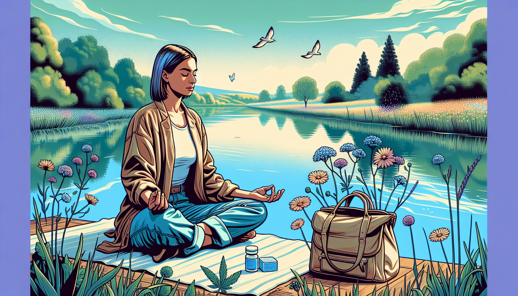Realistic cartoon of a woman meditating on a dock by a lake and mountains, with a small backpack, bottle, and box of oral ketamine tablets beside her—reflecting in quiet solitude.