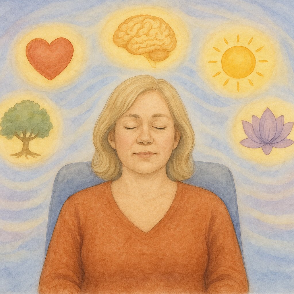 Illustration representing integrative mental health support including mindfulness, reflection, and insight