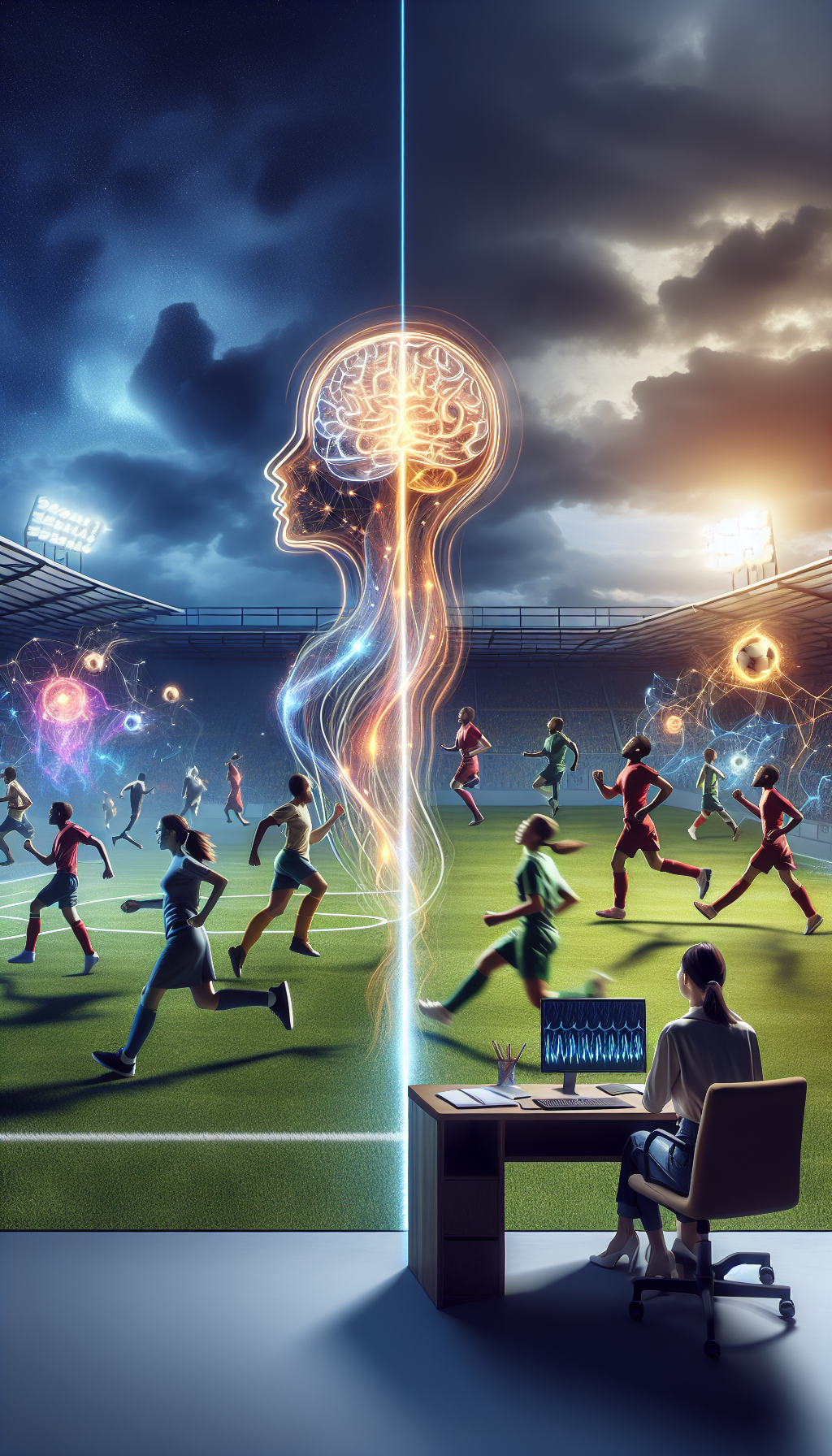 Neurofeedback treatment illustrated metaphorically as a soccer team working together—symbolizing brain training coordination and support.