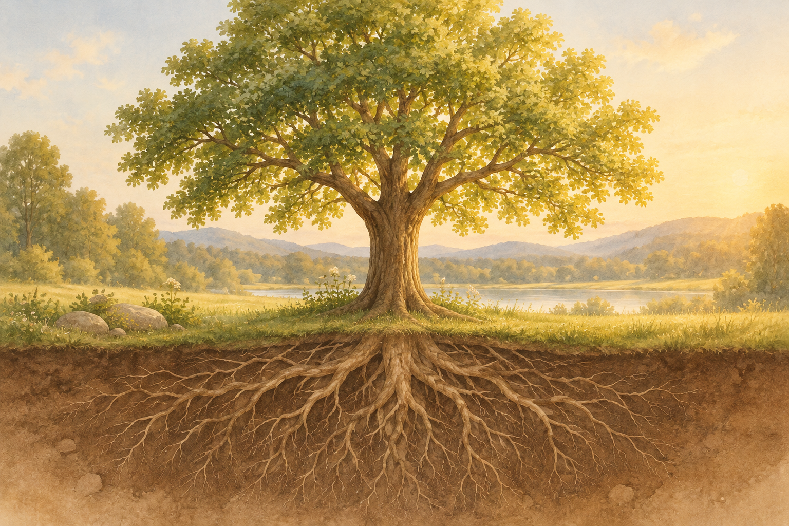 Tree with deep roots symbolizing holism and holistic integrative psychotherapy