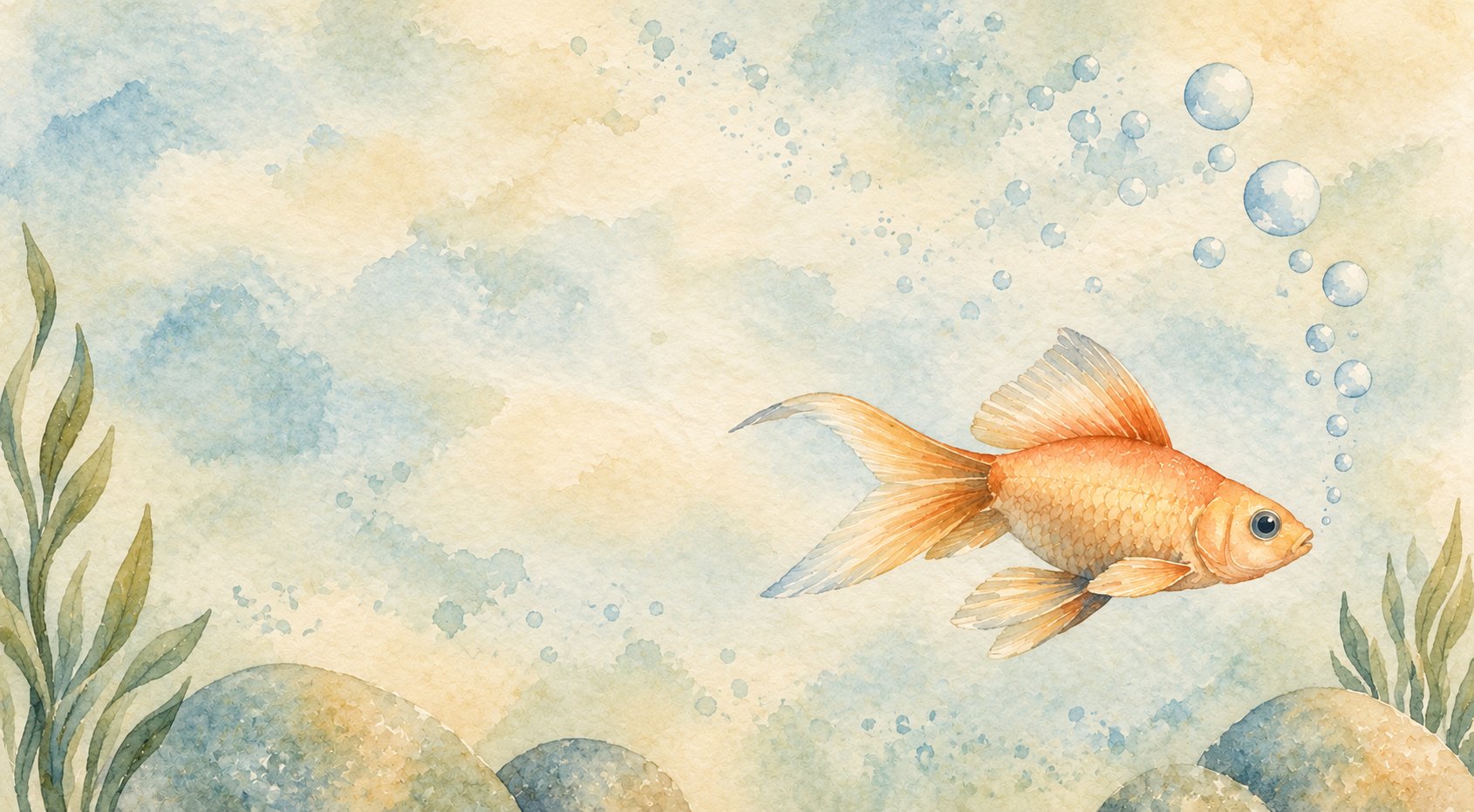 Watercolor illustration of a goldfish with bubbles in soft blue, green, and warm neutral tones. Watercolor illustration of a goldfish with bubbles in soft blue, green, and warm neutral tones.