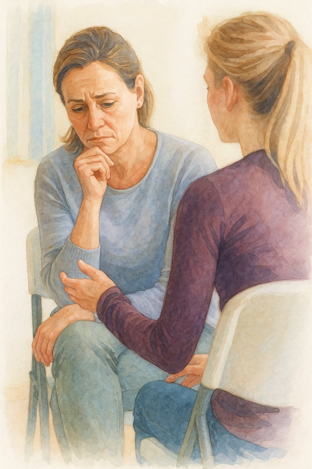 ​ ​A woman sits in a counseling chair, visibly worried, as her therapist offers support—capturing the beginning of in-person counseling near me. Mind Body Well Therapy Pllc.