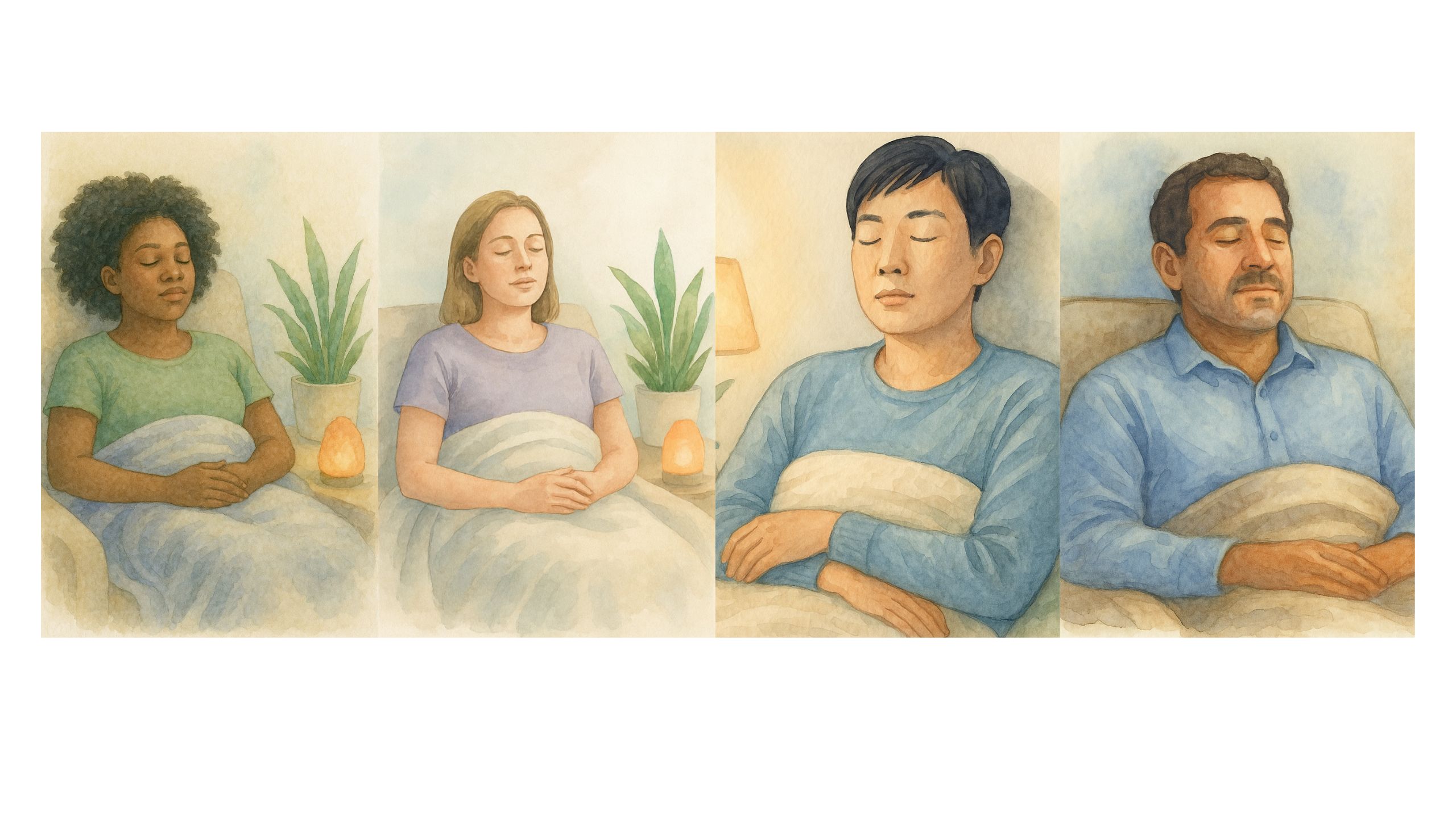 Watercolor collage of 4 diverse individuals—varied ages, races, and gender expressions—resting peacefully in calming therapy spaces. Each surrounded by soft textures, warm light, and plants.