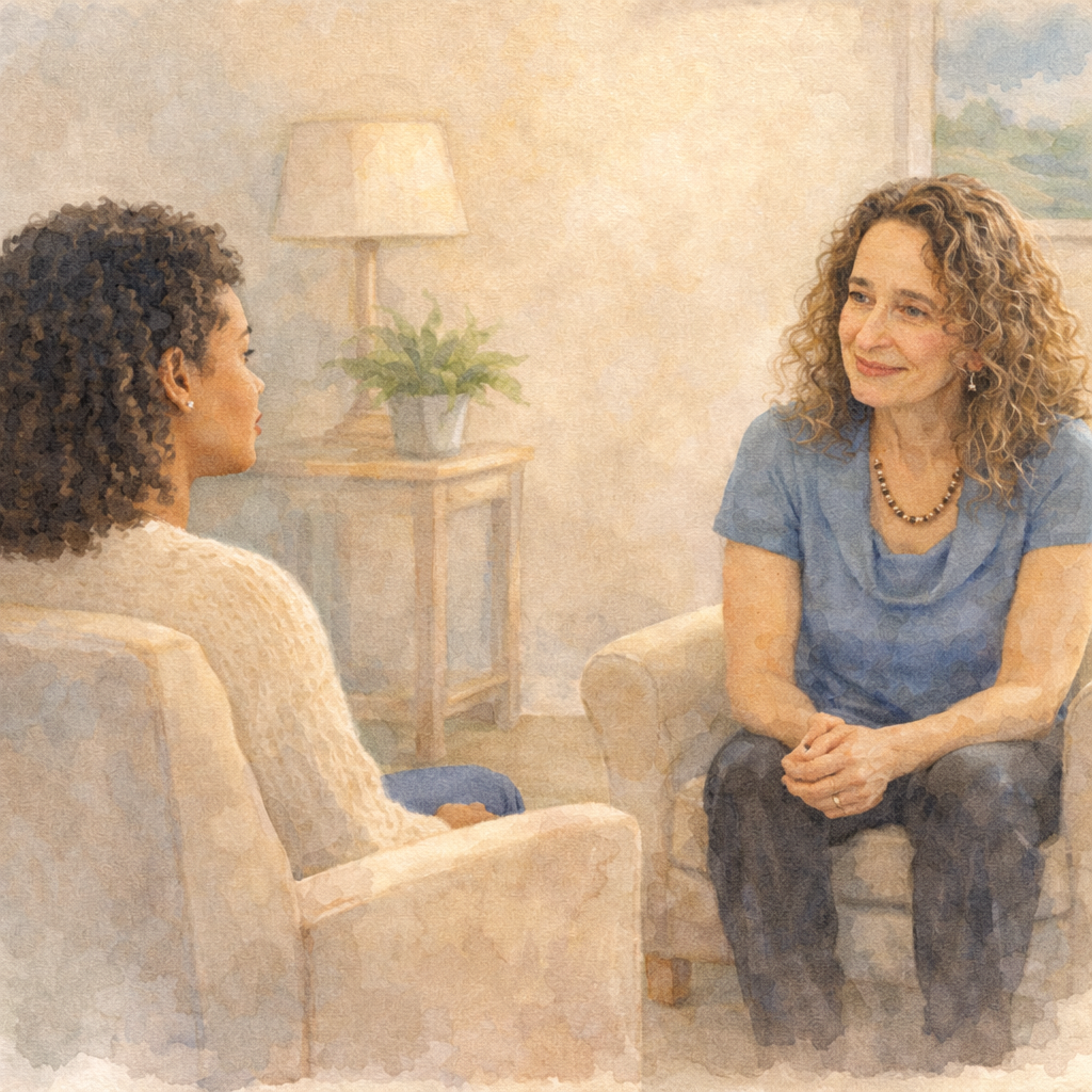 Watercolor image of Lucrezia Mangione in conversation with a simulated client.