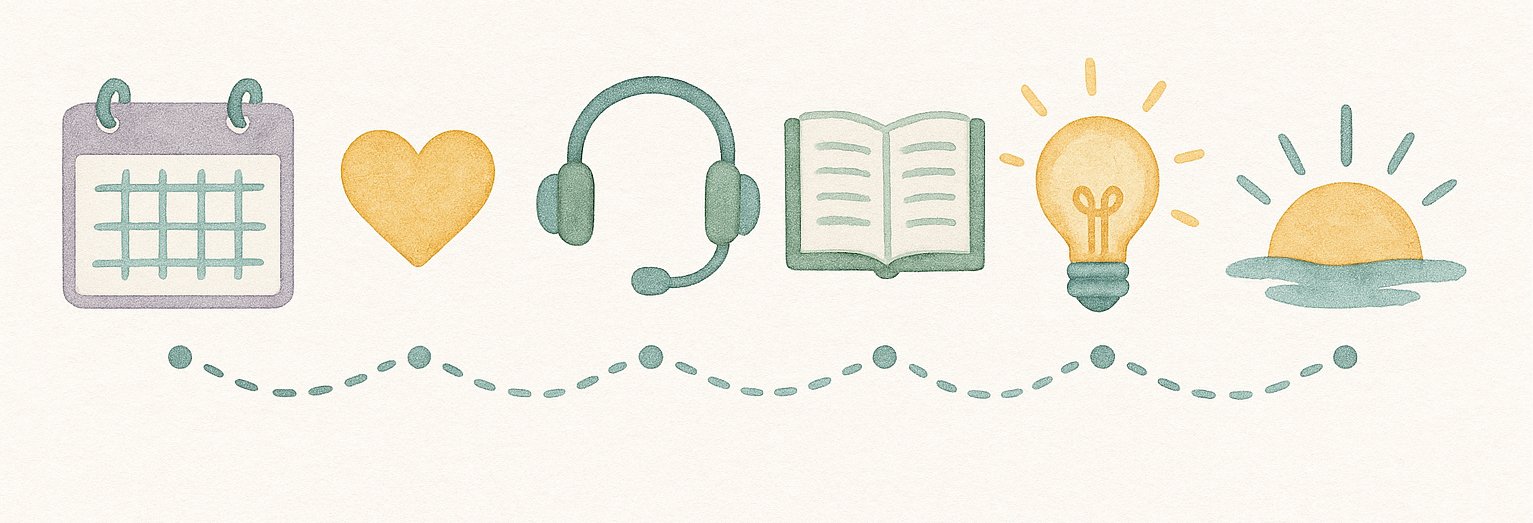 Watercolor-style timeline with icons of a calendar, lozenge, and journal representing the flow of ketamine assisted therapy near me, shown in calming pastel tones and natural textures.