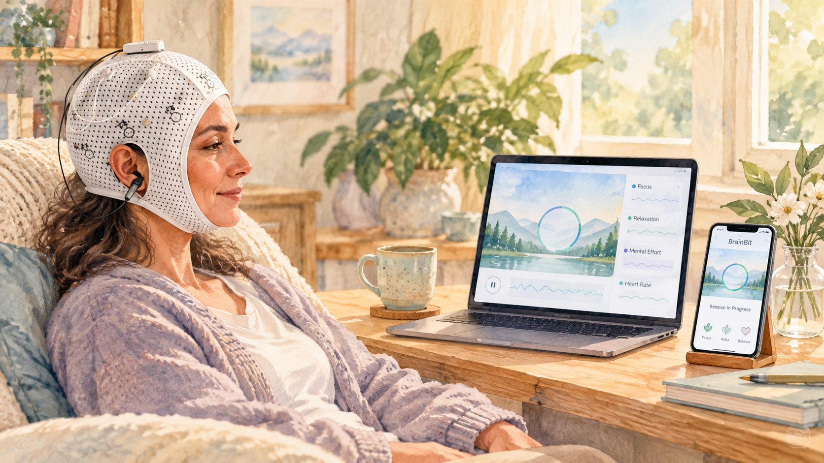 Woman using a BrainBit Flex EEG cap for guided at-home neurofeedback in a calm, natural-light setting. Woman using a BrainBit Flex EEG cap for guided at-home neurofeedback in a calm, natural-light setting.