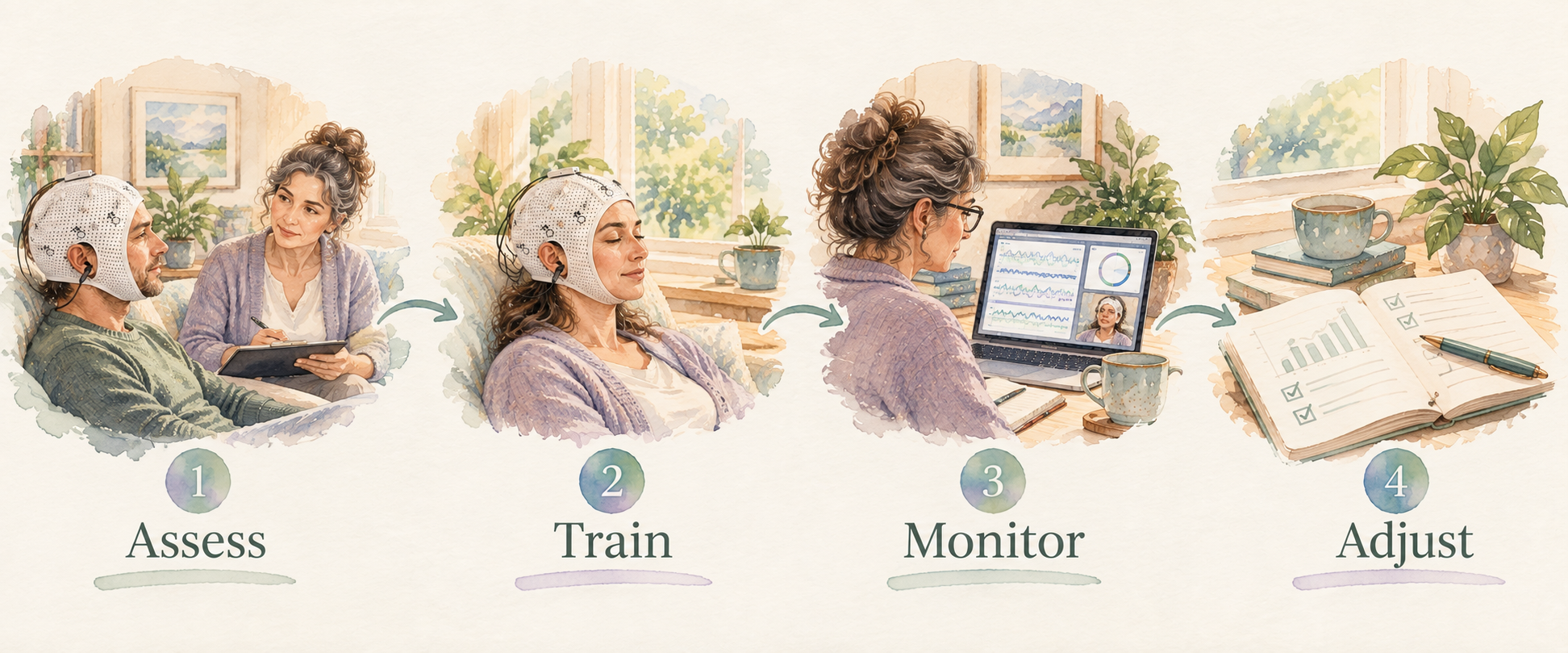 NeuroEase neurofeedback process at Mind Body Well Therapy NeuroEase process: assess, train, monitor, and adjust