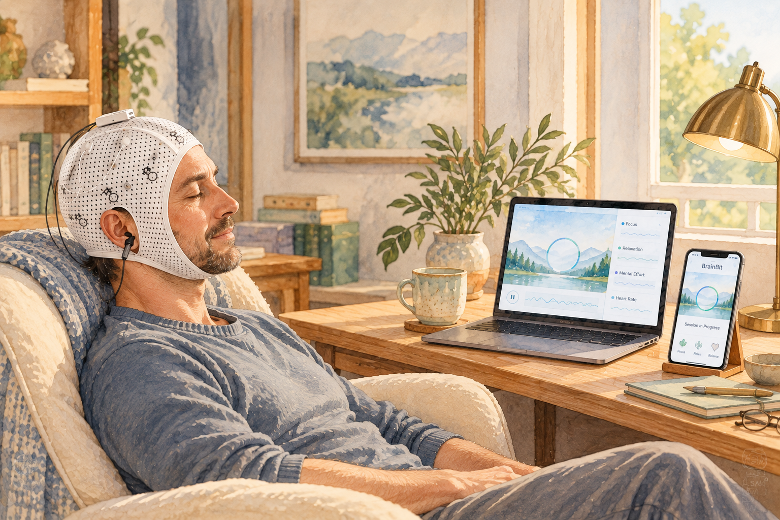 At-Home Neurofeedback with BrainBit Flex | Mind Body Well Therapy Man using a BrainBit Flex EEG cap for at-home neurofeedback in a calm, comfortable home setting.