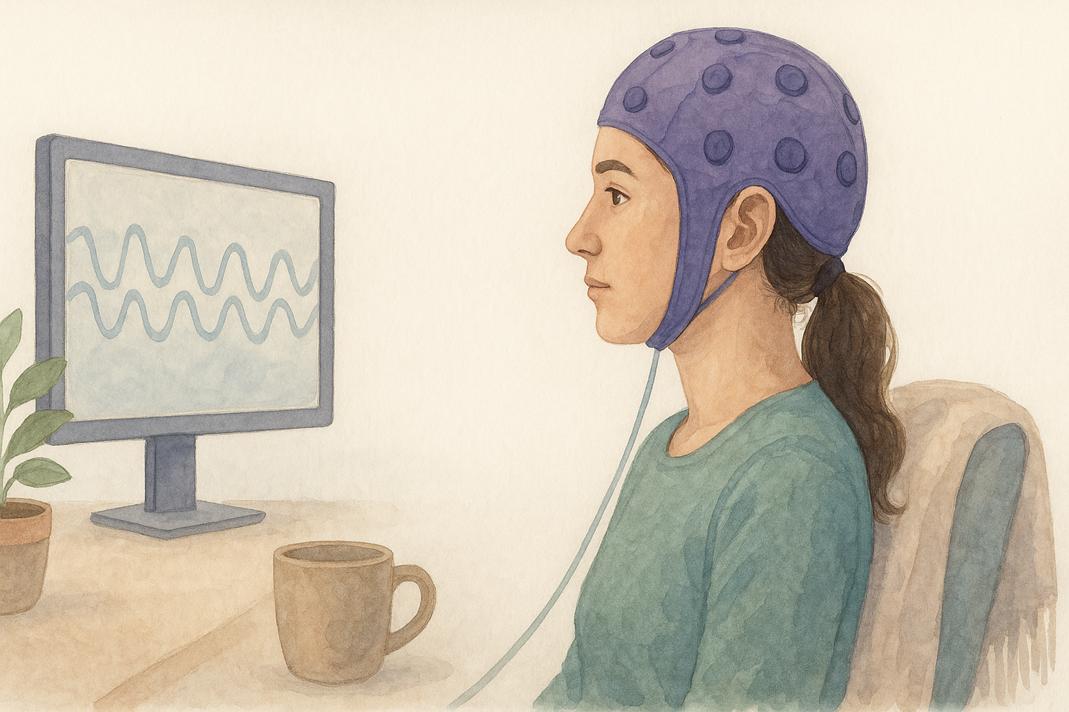 Watercolor image of a young woman wearing a full EEG cap with eyes open, sitting in profile during a neurofeedback session. She is looking calmly at a screen showing gentle wave patterns.