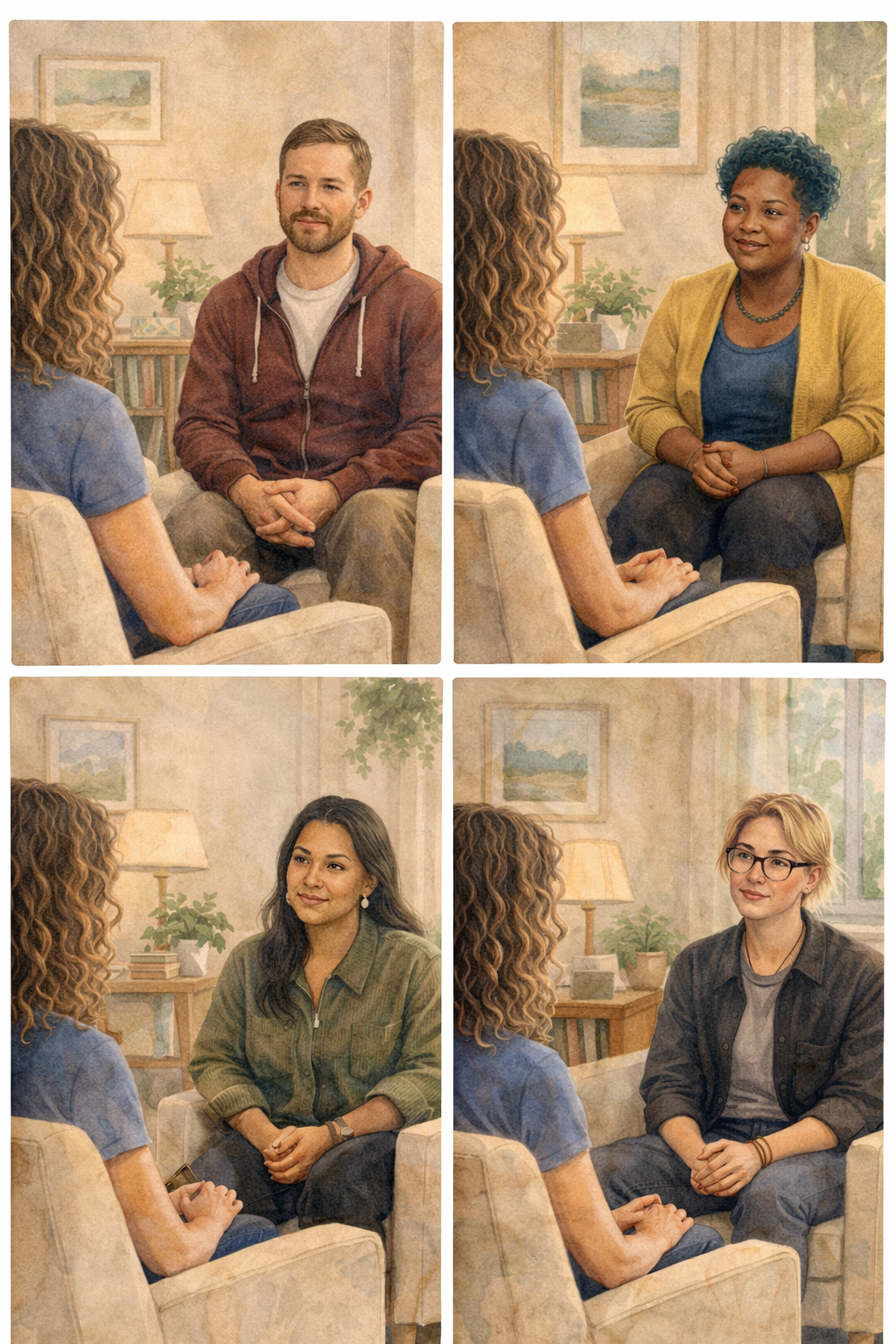Watercolor image of various clients smiling in conversation Therapy conversation with various clients in watercolor